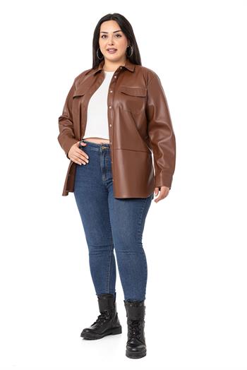 Büyük Beden Kontrast Dikişli Çıtçıt Kapamalı Deri Kahverengi Gömlek