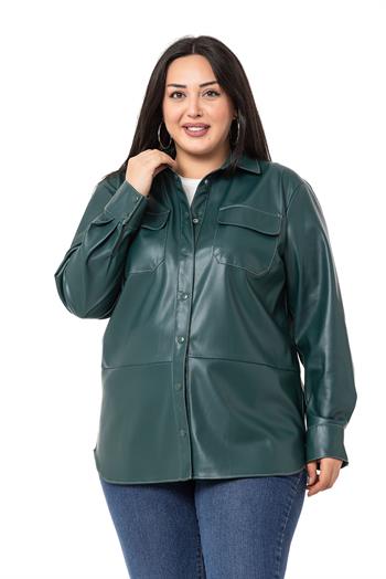 Büyük Beden Kontrast Dikişli Çıtçıt Kapamalı Deri Haki Gömlek