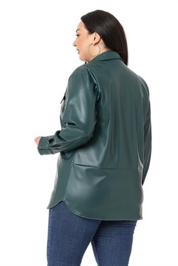 Büyük Beden Kontrast Dikişli Çıtçıt Kapamalı Deri Haki Gömlek