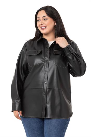 Büyük Beden Kontrast Dikişli Çıtçıt Kapamalı Deri Siyah Gömlek