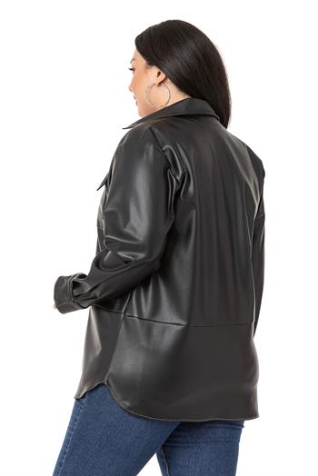 Büyük Beden Kontrast Dikişli Çıtçıt Kapamalı Deri Siyah Gömlek