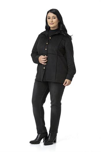 Büyük Beden Nervür Dikişli Süet Siyah Ceket Gömlek