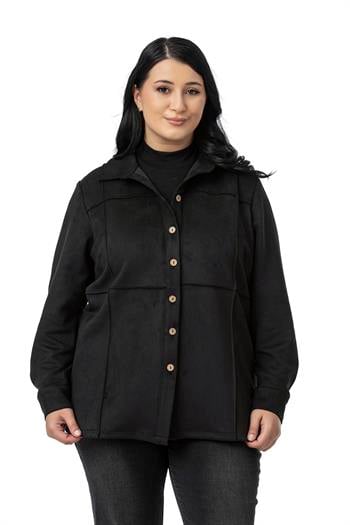 Büyük Beden Nervür Dikişli Süet Siyah Ceket Gömlek