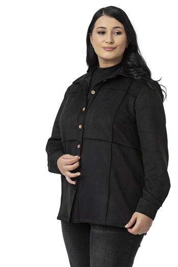 Büyük Beden Nervür Dikişli Süet Siyah Ceket Gömlek