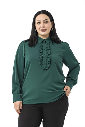 Büyük Beden Önü Fırfır Detaylı Gömlek Yaka Manşetli Zümrüt Yeşili Gömlek