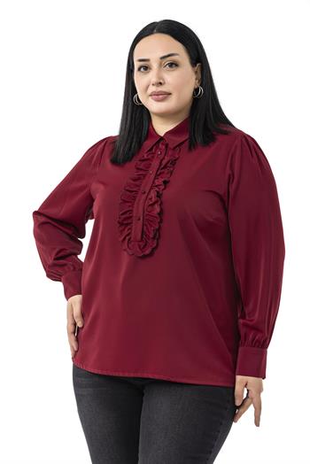 Büyük Beden Önü Fırfır Detaylı Gömlek Yaka Manşetli Bordo Gömlek
