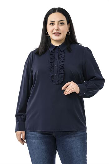 Büyük Beden Önü Fırfır Detaylı Gömlek Yaka Manşetli Lacivert Gömlek