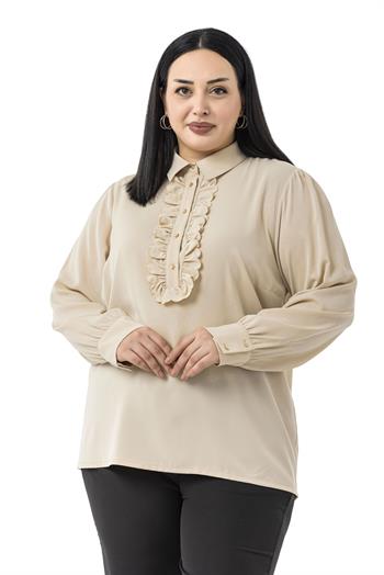 Büyük Beden Önü Fırfır Detaylı Gömlek Yaka Manşetli Bej Rengi Gömlek