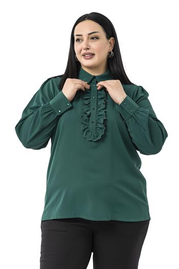 Büyük Beden Önü Fırfır Detaylı Gömlek Yaka Manşetli Zümrüt Yeşili Gömlek