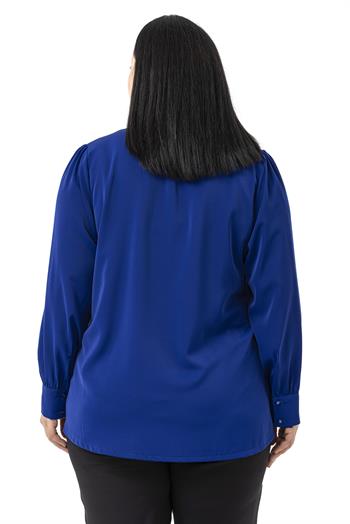 Büyük Beden Önü Fırfır Detaylı Gömlek Yaka Manşetli Saks Mavi Gömlek