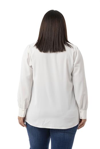 Büyük Beden Önü Fırfır Detaylı Gömlek Yaka Manşetli Beyaz Gömlek