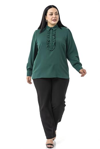 Büyük Beden Önü Fırfır Detaylı Gömlek Yaka Manşetli Zümrüt Yeşili Gömlek