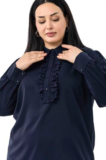 Büyük Beden Önü Fırfır Detaylı Gömlek Yaka Manşetli Lacivert Gömlek
