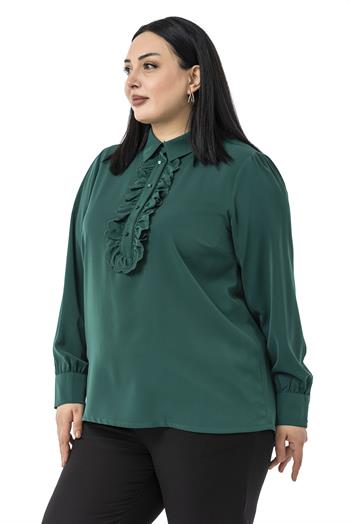 Büyük Beden Önü Fırfır Detaylı Gömlek Yaka Manşetli Zümrüt Yeşili Gömlek