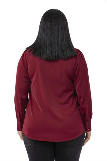 Büyük Beden Önü Fırfır Detaylı Gömlek Yaka Manşetli Bordo Gömlek