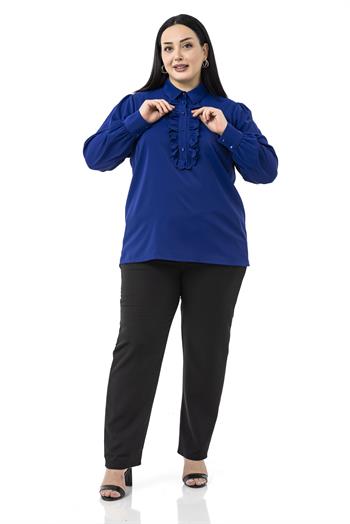 Büyük Beden Önü Fırfır Detaylı Gömlek Yaka Manşetli Saks Mavi Gömlek
