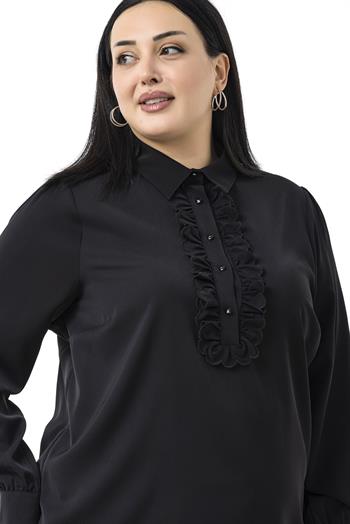 Büyük Beden Önü Fırfır Detaylı Gömlek Yaka Manşetli Siyah Gömlek
