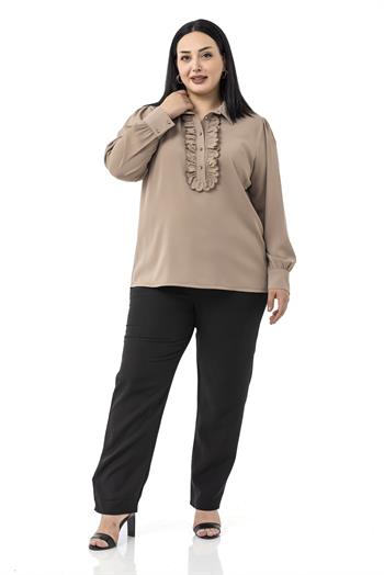 Büyük Beden Önü Fırfır Detaylı Gömlek Yaka Manşetli Vizon Gömlek