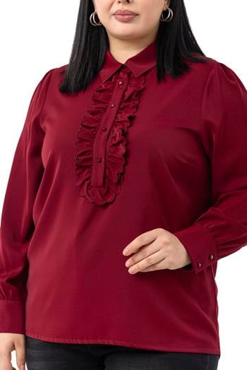 Büyük Beden Önü Fırfır Detaylı Gömlek Yaka Manşetli Bordo Gömlek