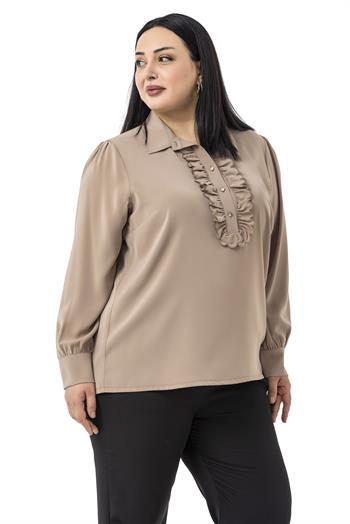 Büyük Beden Önü Fırfır Detaylı Gömlek Yaka Manşetli Vizon Gömlek