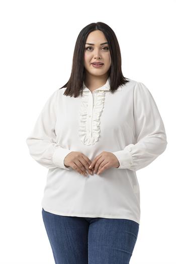 Büyük Beden Önü Fırfır Detaylı Gömlek Yaka Manşetli Beyaz Gömlek