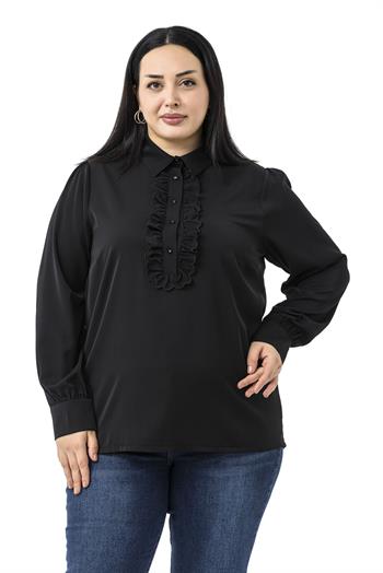 Büyük Beden Önü Fırfır Detaylı Gömlek Yaka Manşetli Siyah Gömlek
