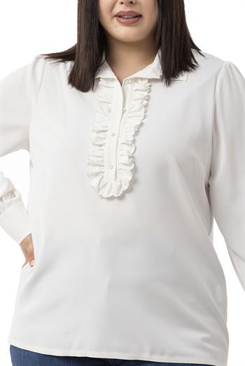 Büyük Beden Önü Fırfır Detaylı Gömlek Yaka Manşetli Beyaz Gömlek
