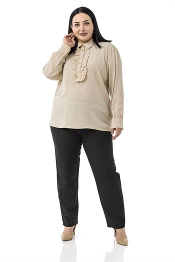 Büyük Beden Önü Fırfır Detaylı Gömlek Yaka Manşetli Bej Rengi Gömlek