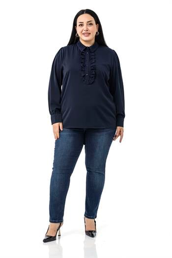 Büyük Beden Önü Fırfır Detaylı Gömlek Yaka Manşetli Lacivert Gömlek