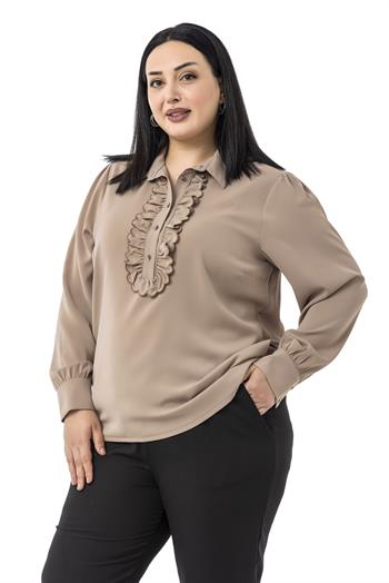 Büyük Beden Önü Fırfır Detaylı Gömlek Yaka Manşetli Vizon Gömlek