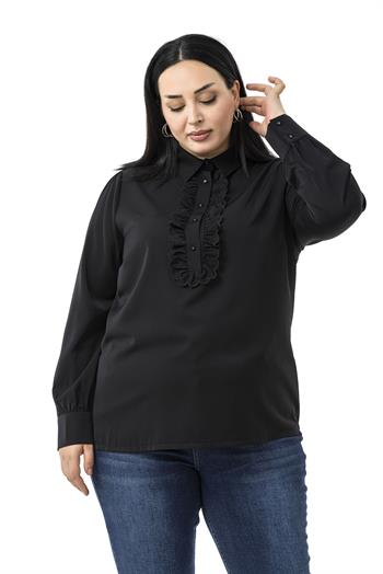 Büyük Beden Önü Fırfır Detaylı Gömlek Yaka Manşetli Siyah Gömlek