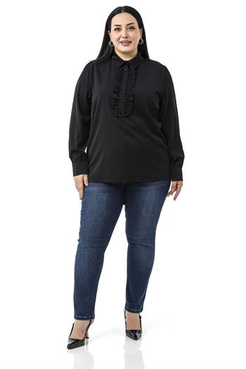 Büyük Beden Önü Fırfır Detaylı Gömlek Yaka Manşetli Siyah Gömlek
