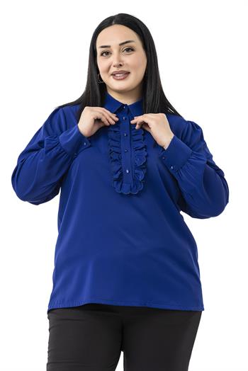 Büyük Beden Önü Fırfır Detaylı Gömlek Yaka Manşetli Saks Mavi Gömlek