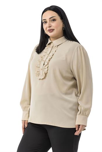 Büyük Beden Önü Fırfır Detaylı Gömlek Yaka Manşetli Bej Rengi Gömlek
