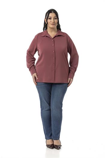 Büyük Beden Reglan Kollu Gül Kurusu Gömlek 