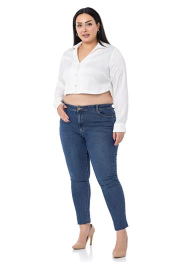 Büyük Beden Saten Manşetli Beyaz Crop Gömlek
