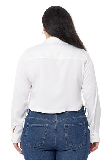 Büyük Beden Saten Manşetli Beyaz Crop Gömlek