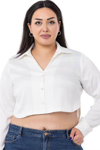 Büyük Beden Saten Manşetli Beyaz Crop Gömlek