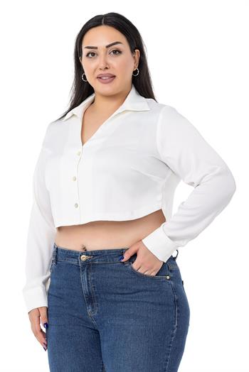 Büyük Beden Saten Manşetli Beyaz Crop Gömlek