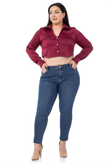 Büyük Beden Saten Manşetli Bordo Crop Gömlek