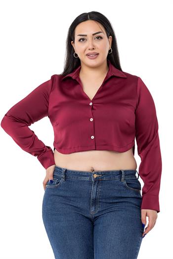 Büyük Beden Saten Manşetli Bordo Crop Gömlek