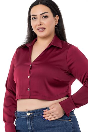Büyük Beden Saten Manşetli Bordo Crop Gömlek
