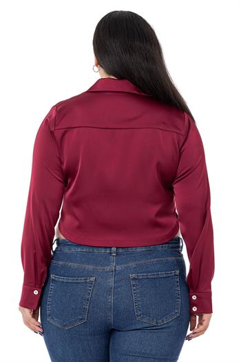 Büyük Beden Saten Manşetli Bordo Crop Gömlek