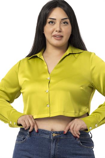 Büyük Beden Saten Manşetli Fıstık Yeşili Crop Gömlek