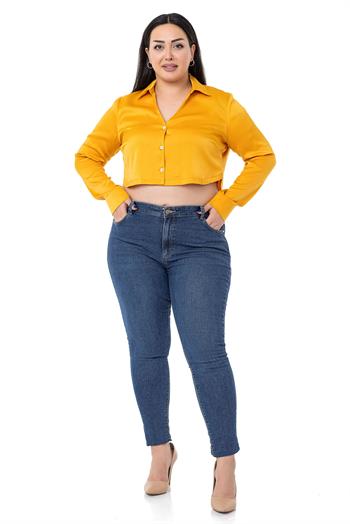 Büyük Beden Saten Manşetli Hardal Crop Gömlek