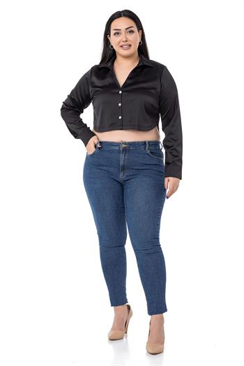 Büyük Beden Saten Manşetli Siyah Crop Gömlek