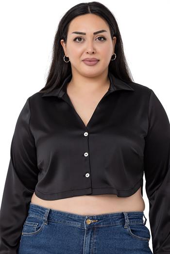 Büyük Beden Saten Manşetli Siyah Crop Gömlek