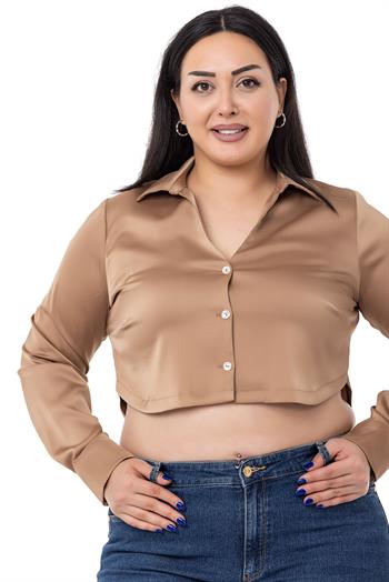 Büyük Beden Saten Manşetli Vizon Crop Gömlek