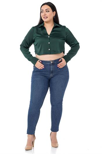 Büyük Beden Saten Manşetli Zümrüt Crop Gömlek