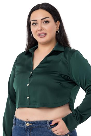 Büyük Beden Saten Manşetli Zümrüt Crop Gömlek